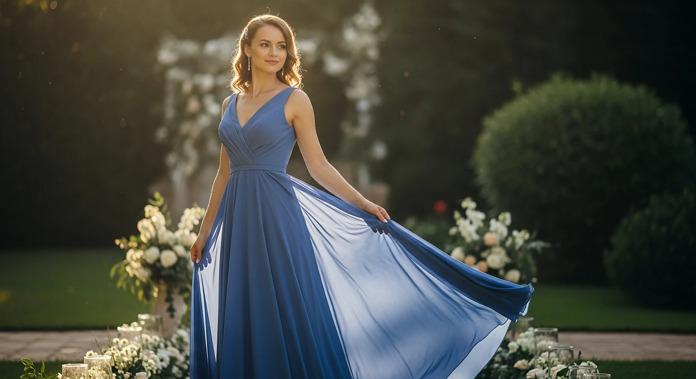 15 Cornflower Blue Summer Wedding Guest Dresses 1 Woman in a stunning cornflower blue maxi dress, ready for a summer wedding celebration.