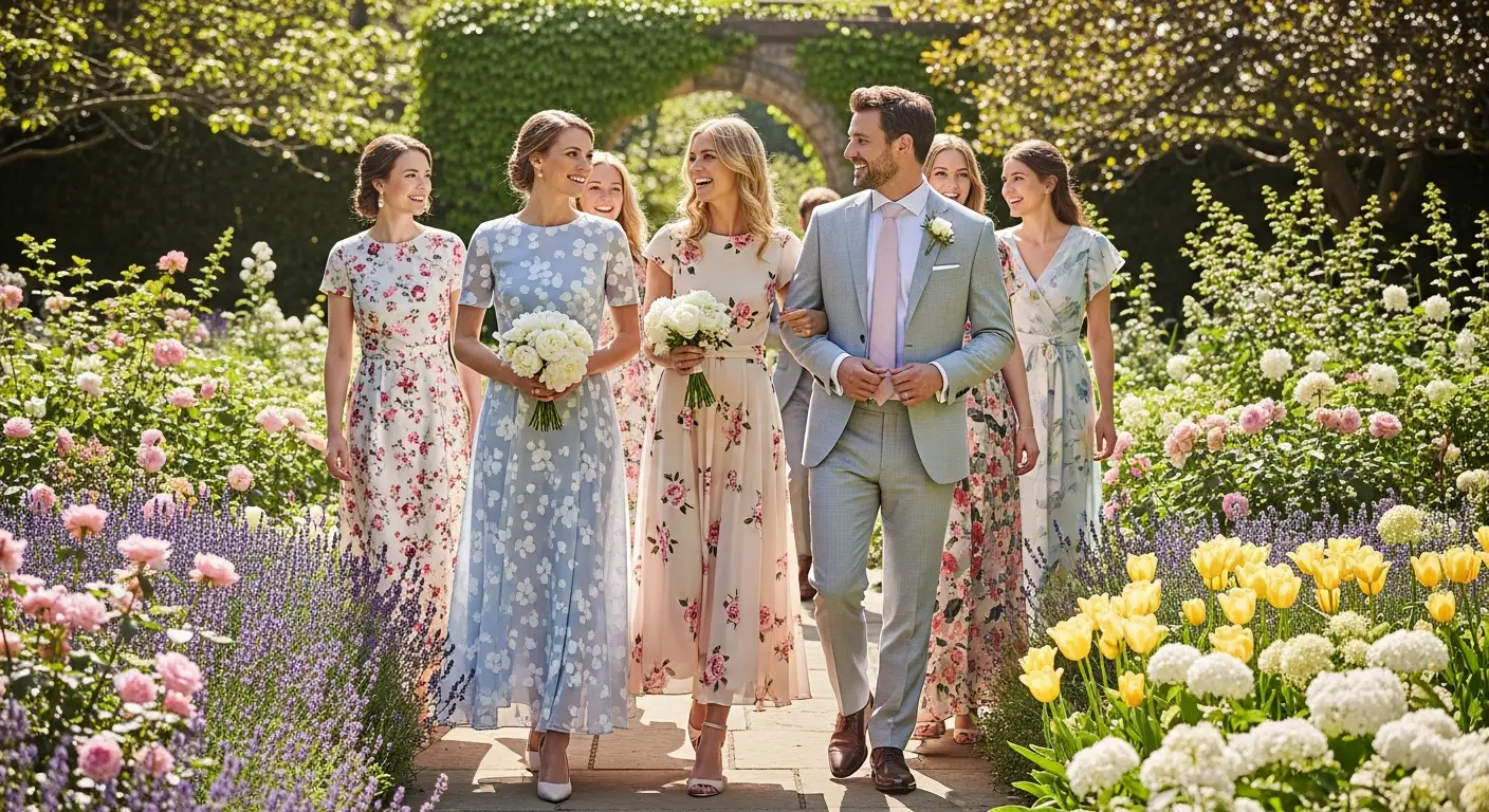 17 Garden Party Wedding Guest Dresses for Every Style 1 Wedding guests in garden party dresses at an outdoor ceremony