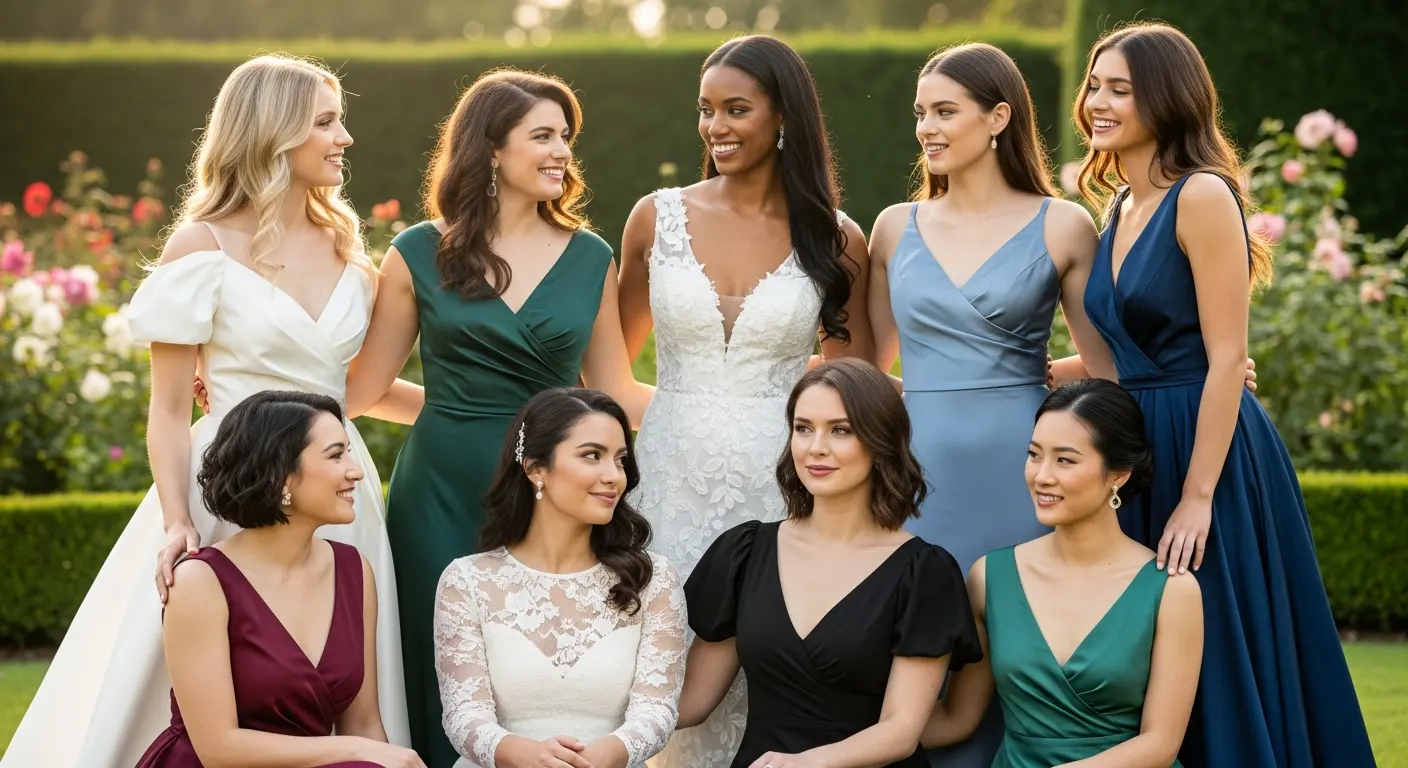 23 Light Blue Dresses for Wedding Guests 1 Group of women in various light blue summer wedding guest dresses at an outdoor reception.