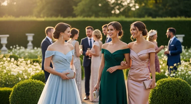 21 Off Shoulder Summer Wedding Guest Dresses 83 Wedding guests in off shoulder summer dresses at a garden party