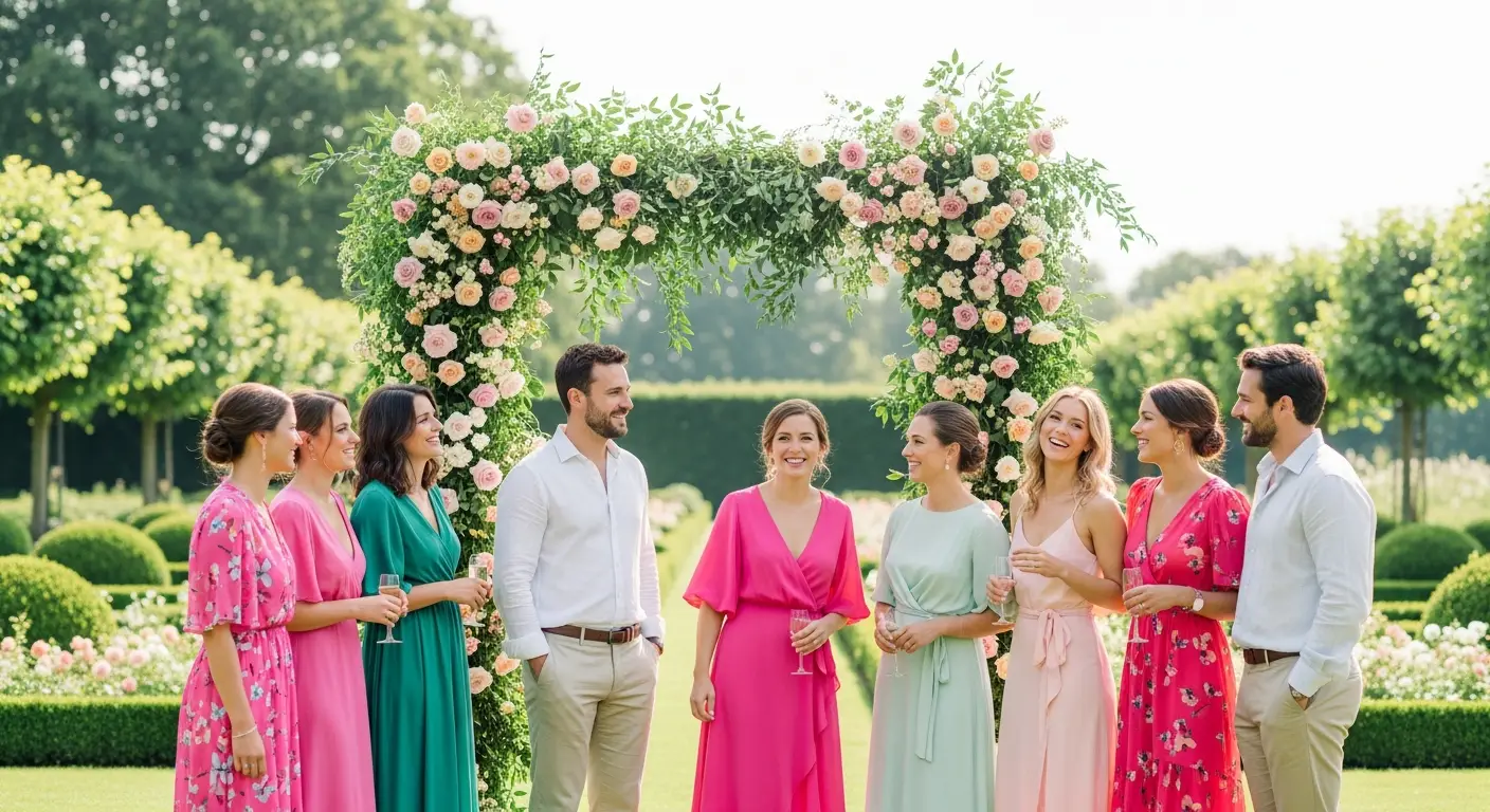 Guests in outdoor wedding dresses in a garden