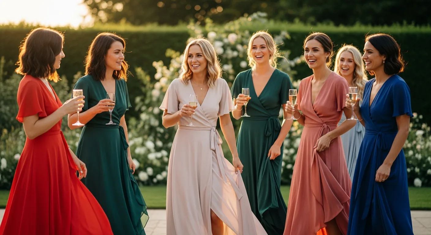 Group of wedding guests in wrap dresses