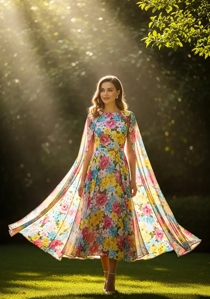 21 Cape Summer Wedding Guest Dresses for Elegant Style 2 Woman in floral chiffon cape dress in a garden setting