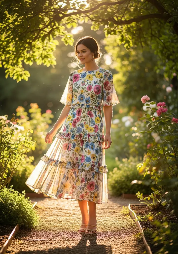 25 Midi Summer Wedding Guest Dresses for Every Style 2 Floral chiffon tiered midi dress for summer wedding