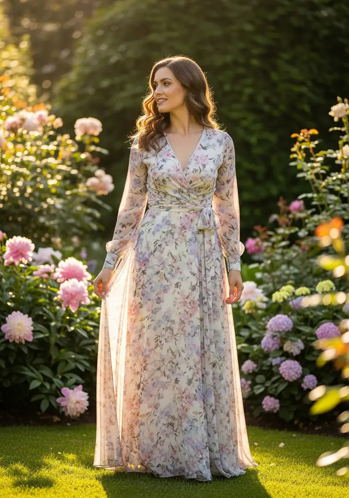 Floral chiffon wrap dress for summer wedding guest