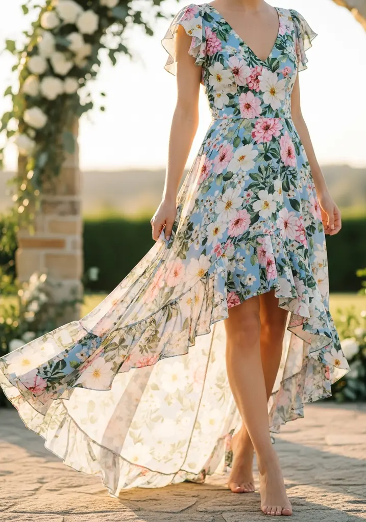 Floral print high low ruffled dress