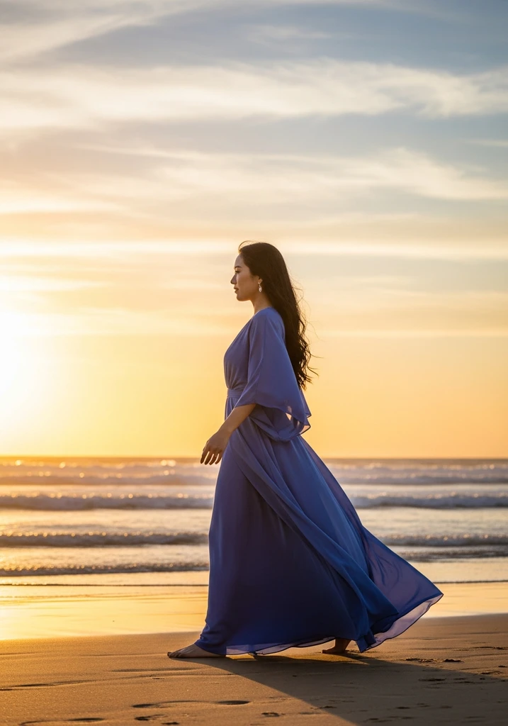 15 Cornflower Blue Summer Wedding Guest Dresses 16 Woman in a breezy cornflower blue Kimono sleeve maxi dress, perfect for a beach wedding.