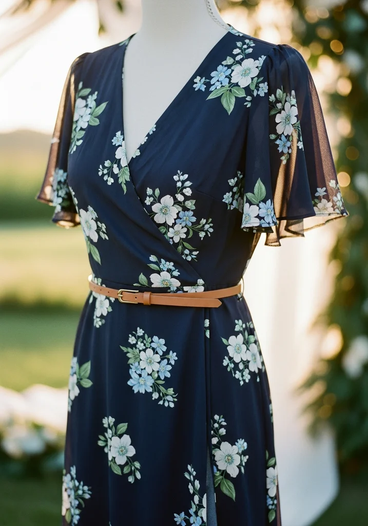 Navy blue wrap dress with flutter sleeves