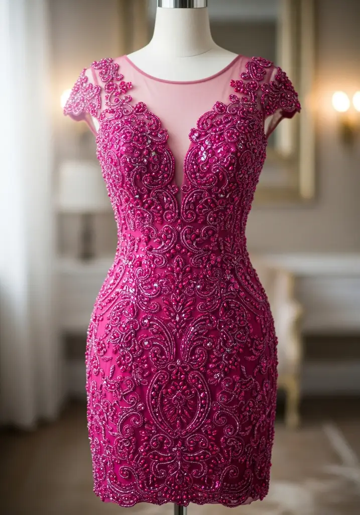 23 Hot Pink Summer Wedding Guest Dresses 24 Fuchsia pink beaded mini dress for wedding guest