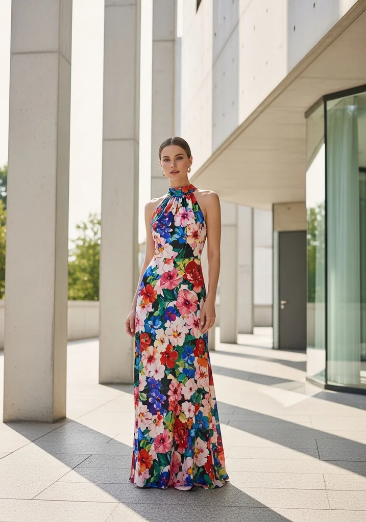 25 Floral Print Summer Wedding Guest Dresses 8 halter-neck-crepe-floral