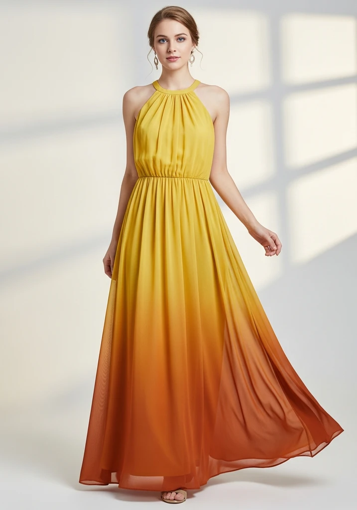 31 Best Sunset Ombre Summer Wedding Guest Dresses 13 Lemon and amber georgette halter maxi dress