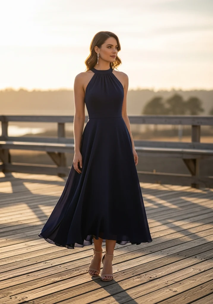 23 Sleeveless Summer Wedding Guest Dresses 4 Navy blue halter neck midi dress