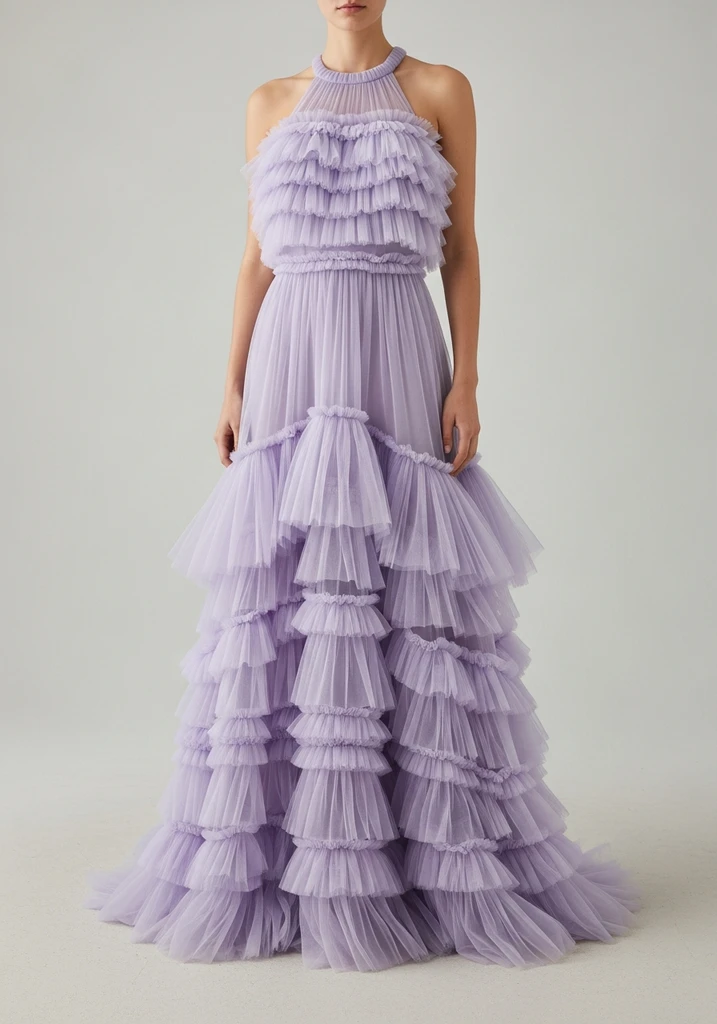 Halter neck tulle maxi ruffle dress