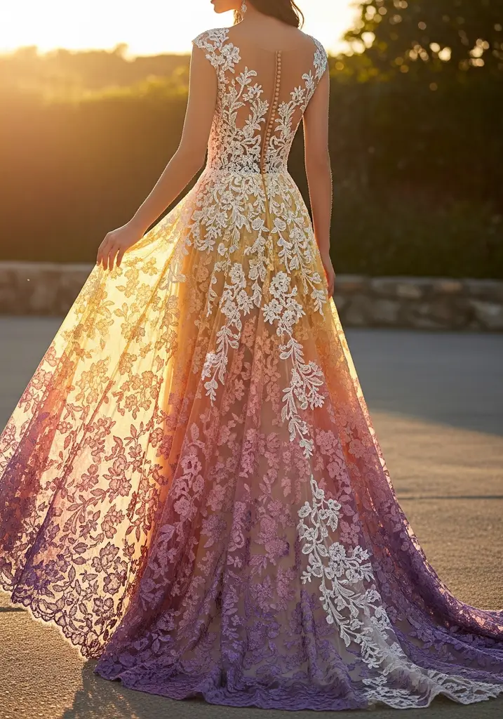 31 Best Sunset Ombre Summer Wedding Guest Dresses 28 Sunset ombre lace gown with illusion back