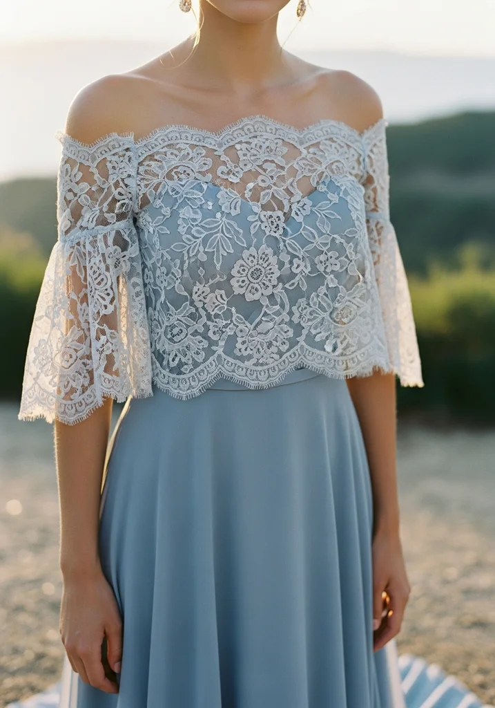 21 Off Shoulder Summer Wedding Guest Dresses 21 Dusty blue illusion lace off shoulder dress