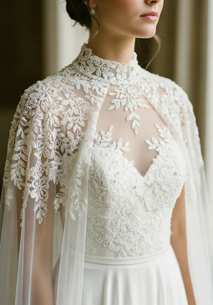 21 Cape Summer Wedding Guest Dresses for Elegant Style 17 Illusion neckline cape dress