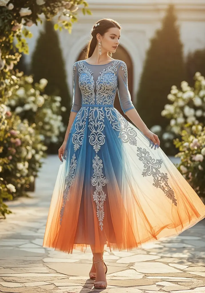 31 Best Sunset Ombre Summer Wedding Guest Dresses 14 Blue and orange tulle midi with illusion neck