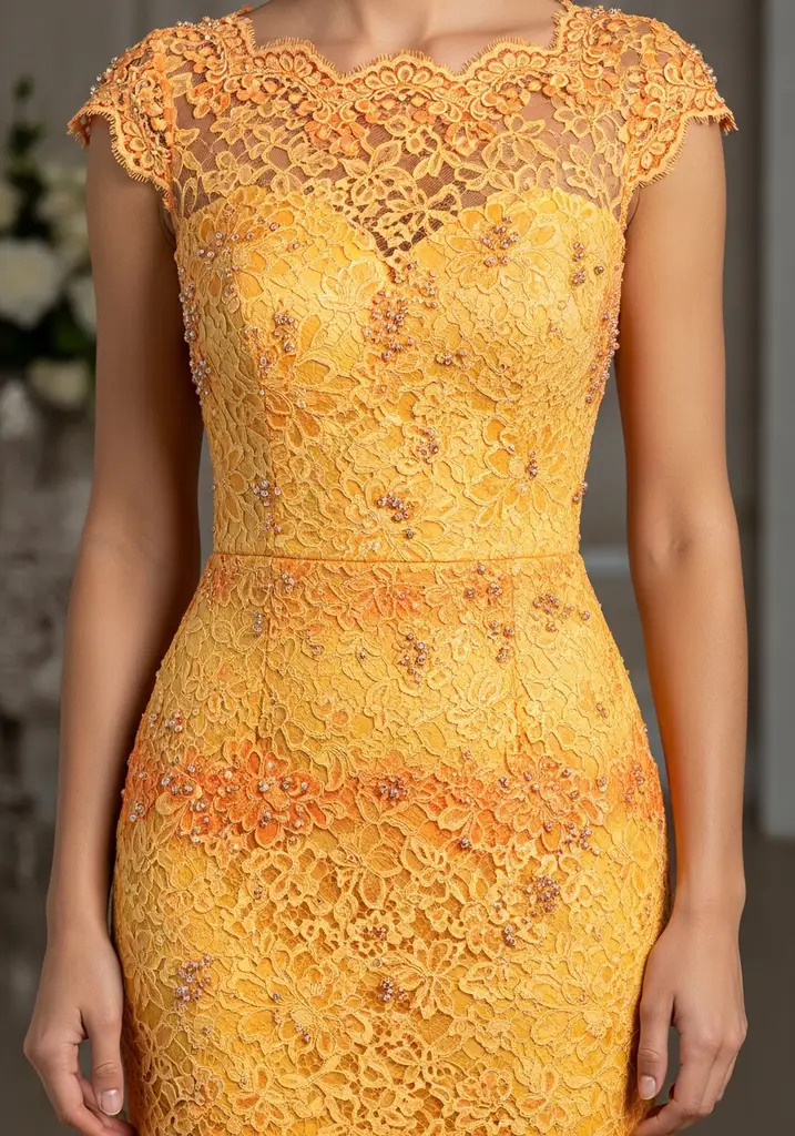 31 Best Sunset Ombre Summer Wedding Guest Dresses 8 Yellow and orange lace guest dress with beading
