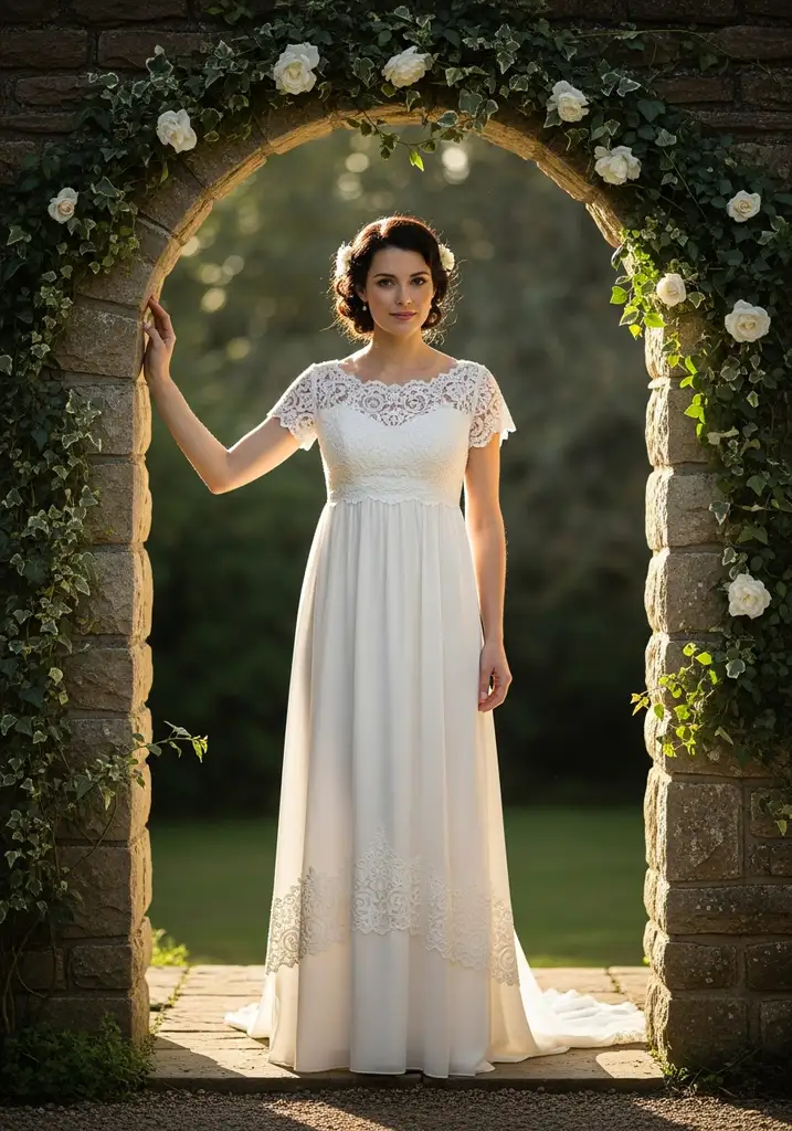 15 Boho Summer Wedding Guest Dresses for Effortless Style 4 Woman in ivory Lace trimmed Empire waist gown
