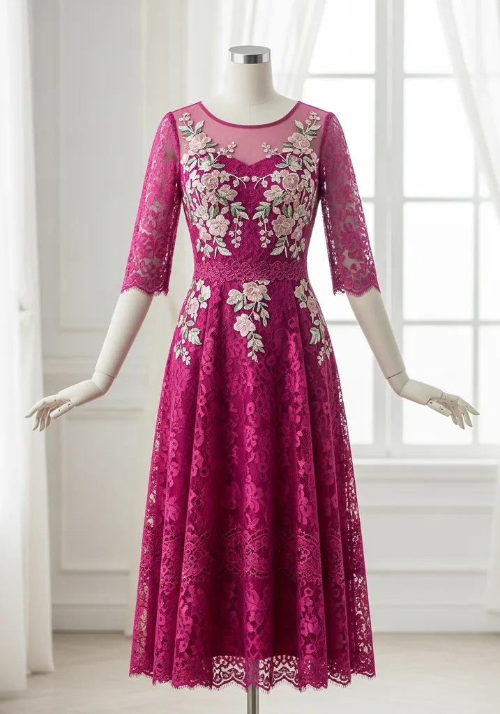 23 Hot Pink Summer Wedding Guest Dresses 3 Magenta pink lace midi dress with floral details
