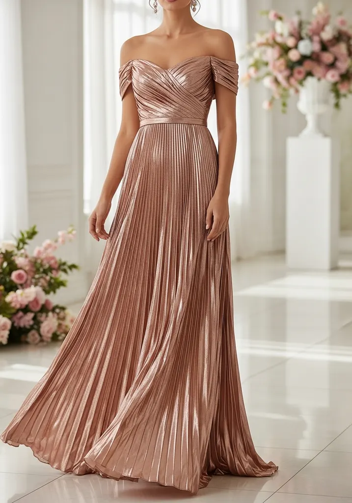 21 Off Shoulder Summer Wedding Guest Dresses 16 Rose gold metallic pleated off shoulder maxi dress