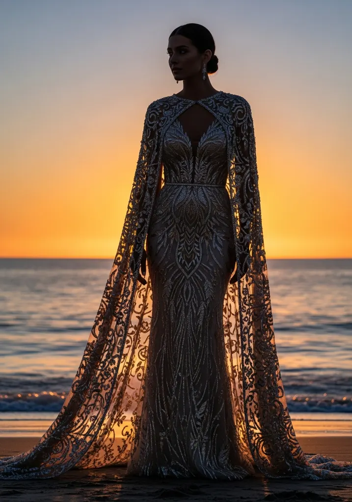 21 Cape Summer Wedding Guest Dresses for Elegant Style 21 Metallic threaded cape dress
