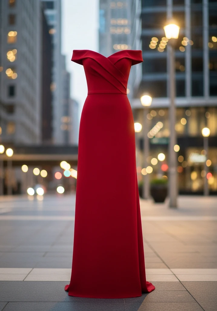21 Off Shoulder Summer Wedding Guest Dresses 6 Red crepe off shoulder column gown for wedding guests