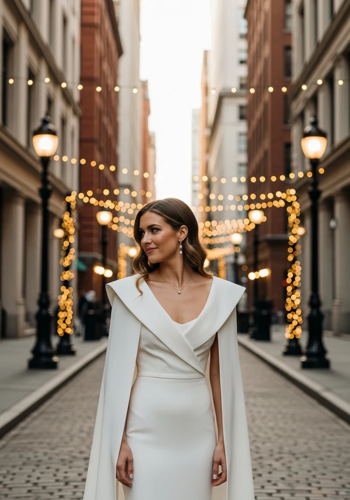 21 Cape Summer Wedding Guest Dresses for Elegant Style 6 Off shoulder crepe dress with structured cape