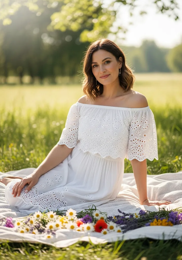 15 Boho Summer Wedding Guest Dresses for Effortless Style 6 Woman in white Off-shoulder eyelet Cotton dress