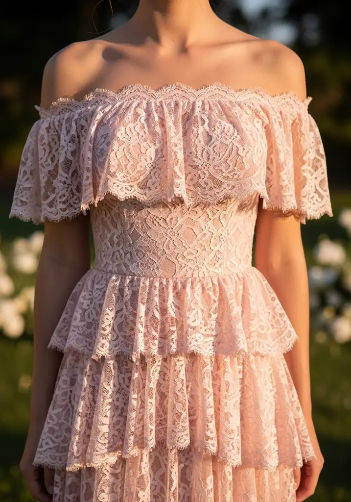 Off shoulder lace tiered ruffle dress