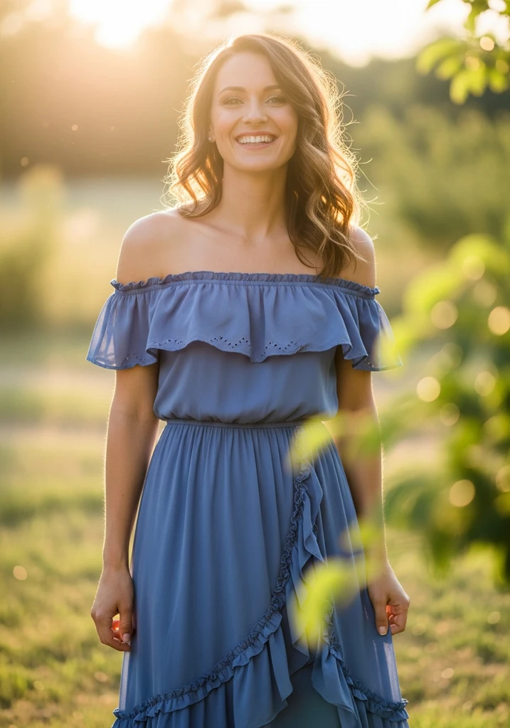 15 Cornflower Blue Summer Wedding Guest Dresses 7 Charming woman in a cornflower blue Off-shoulder Ruffle midi dress, perfect for a daytime celebration.