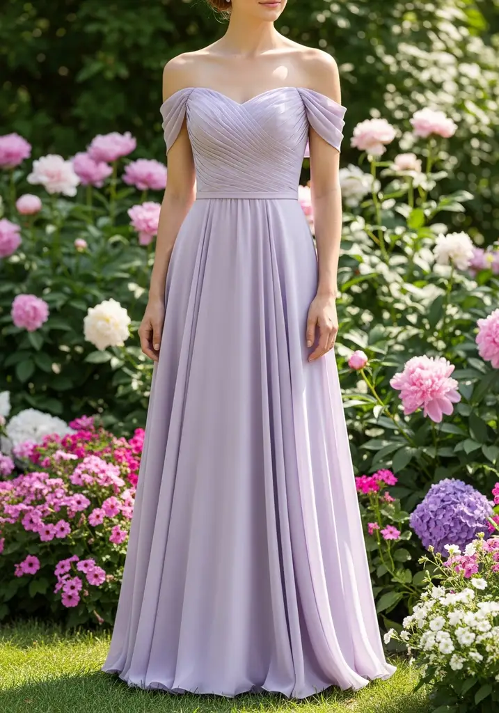 21 Lilac Summer Wedding Guest Dresses for Every Style 8 Lilac off shoulder tea length dress for wedding guest