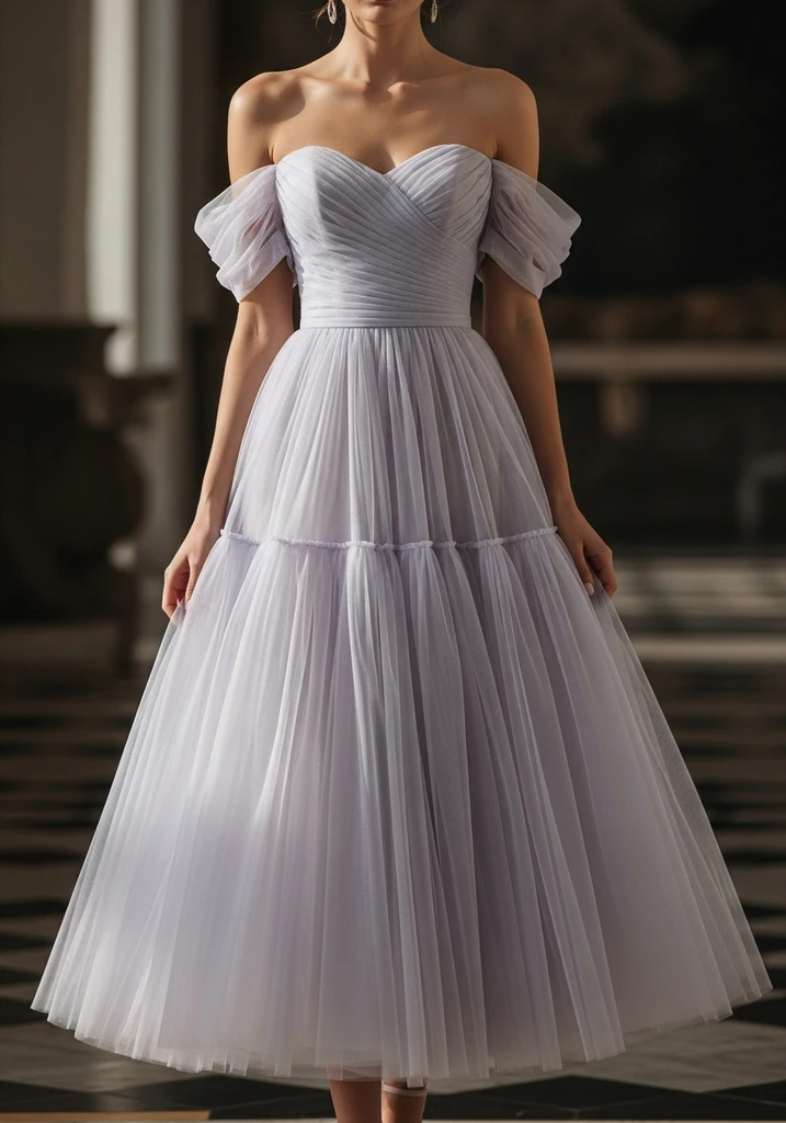 25 Midi Summer Wedding Guest Dresses for Every Style 7 Lavender tulle off-shoulder midi dress