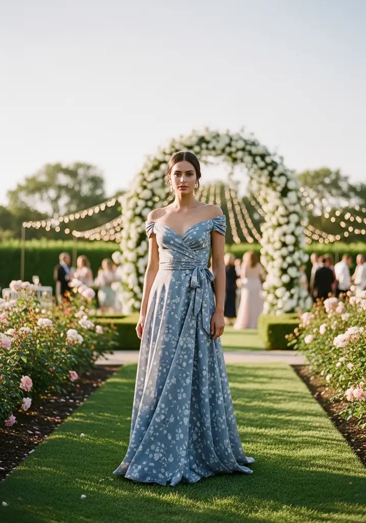 Off shoulder wrap dress in light blue