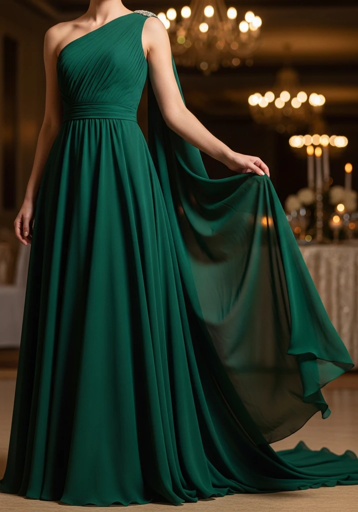 19 Best Chiffon Summer Wedding Guest Dresses 10 One shoulder emerald green chiffon gown