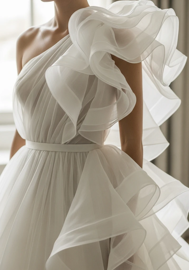 One shoulder organza gown with ruffles