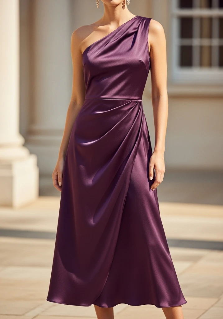25 Midi Summer Wedding Guest Dresses for Every Style 11 One-shoulder satin midi dress in plum