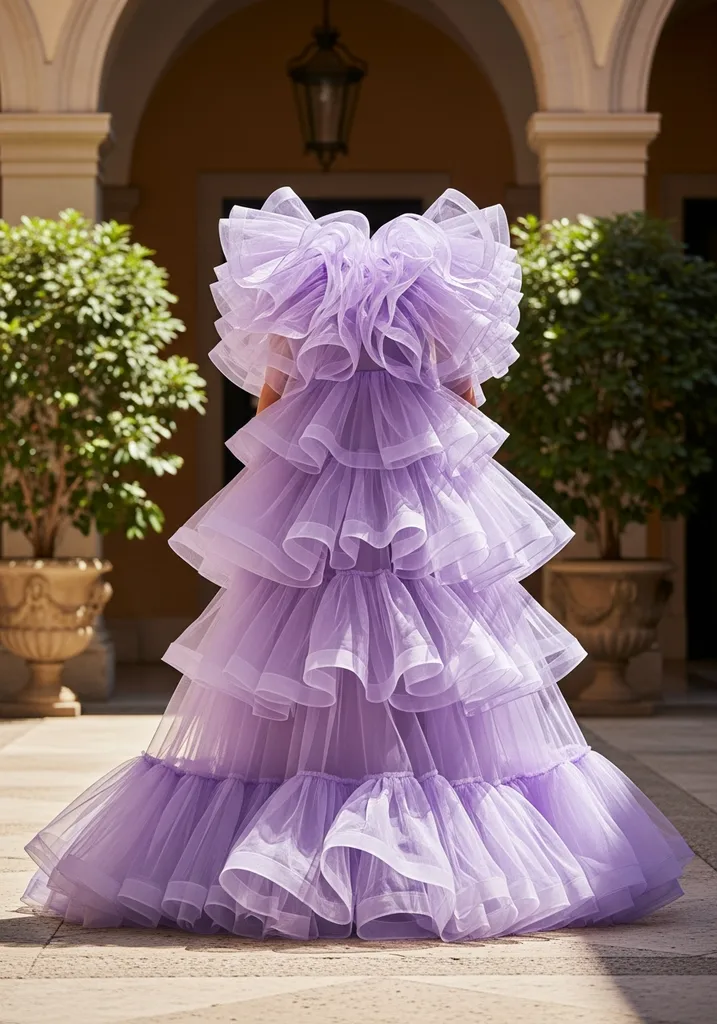 21 Lilac Summer Wedding Guest Dresses for Every Style 5 Lilac organza ruffle maxi dress for formal weddings