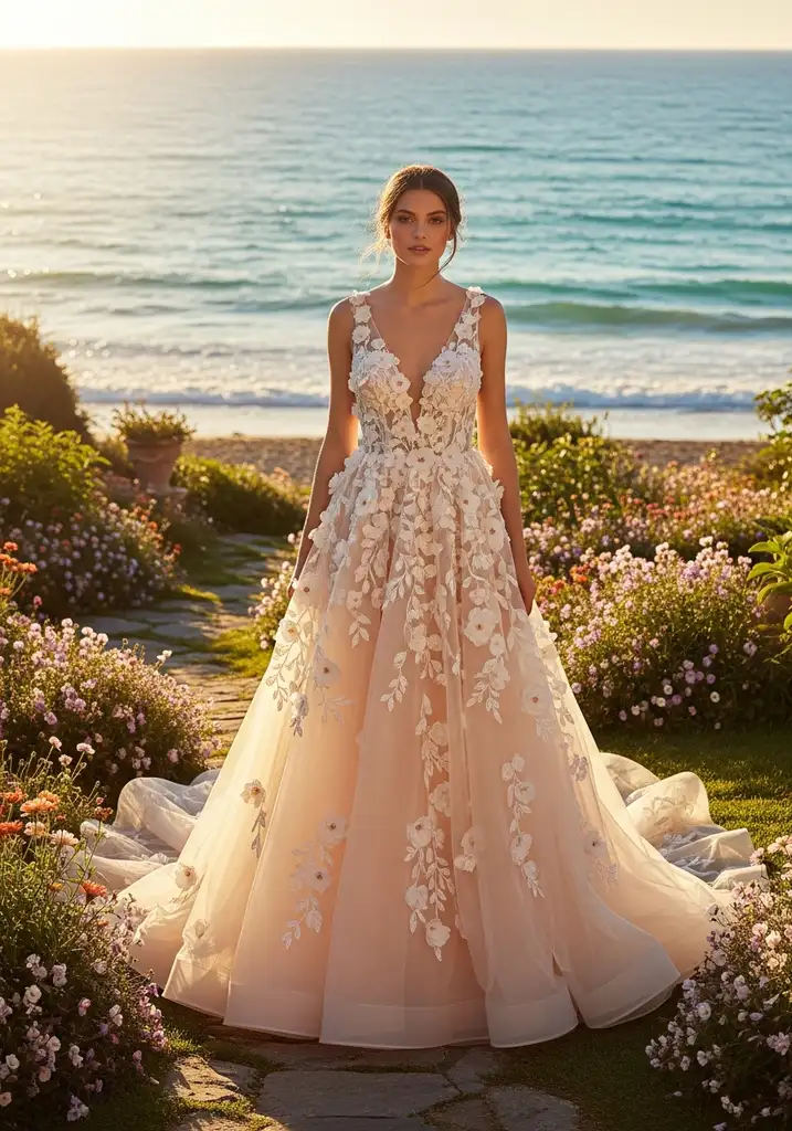 Peach organza gown with floral details