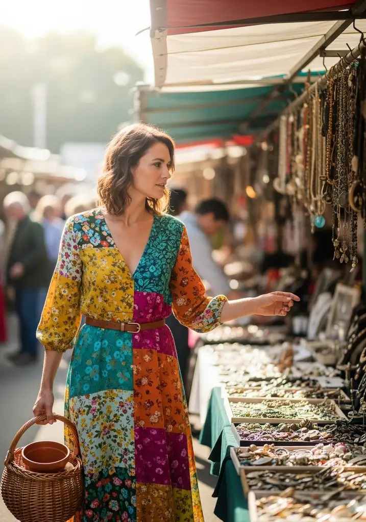 15 Boho Summer Wedding Guest Dresses for Effortless Style 16 Woman in colorful patchwork inspired midi dress