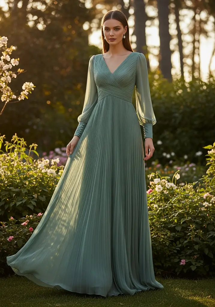 Seafoam green pleated georgette dress