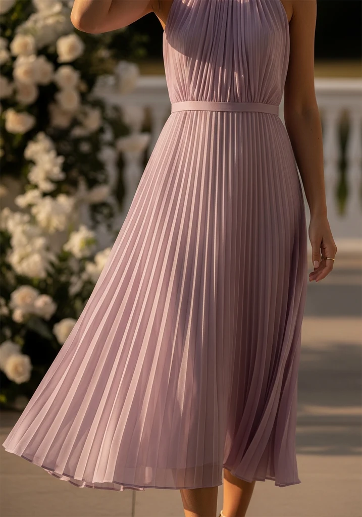 21 Lilac Summer Wedding Guest Dresses for Every Style 20 Lilac pleated halter neck midi dress for wedding guest