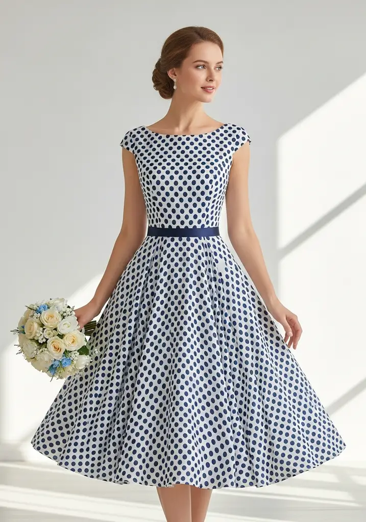 23 Sleeveless Summer Wedding Guest Dresses 21 Navy and white polka dot tea length dress