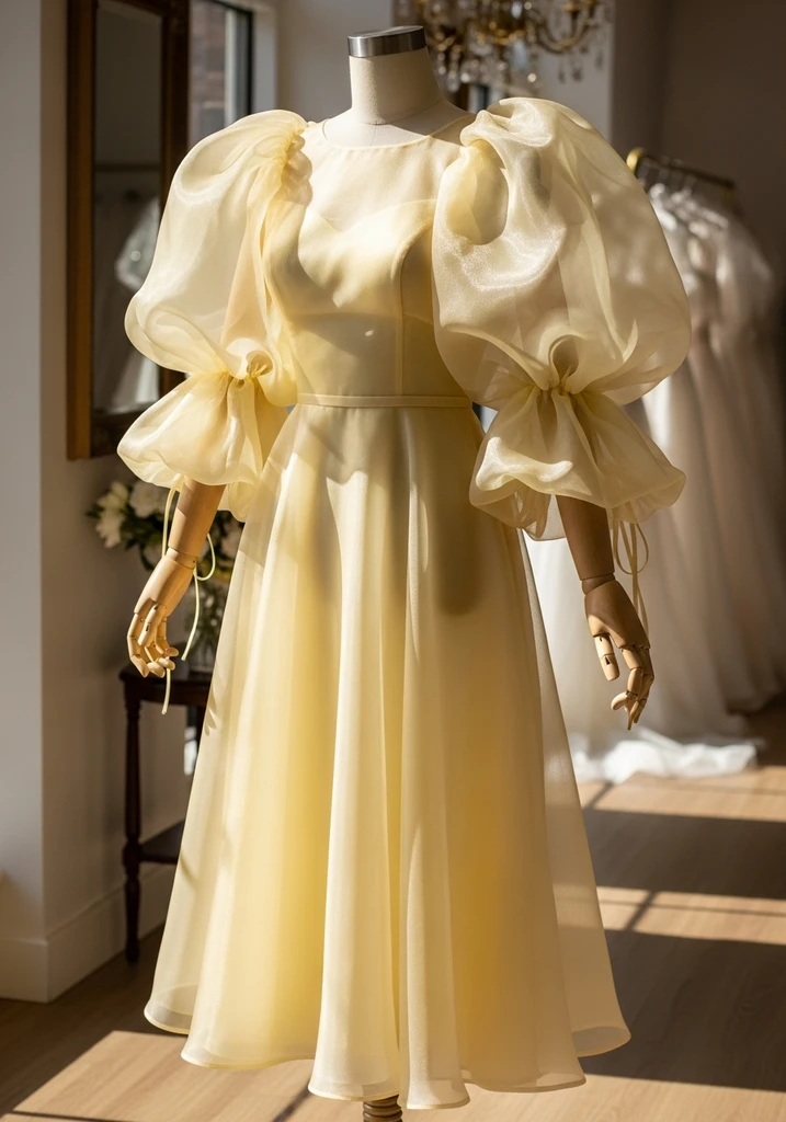 25 Midi Summer Wedding Guest Dresses for Every Style 17 Yellow organza puff sleeve midi dress