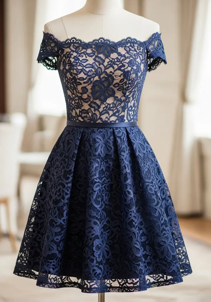 21 Off Shoulder Summer Wedding Guest Dresses 5 Navy blue lace off shoulder cocktail dress