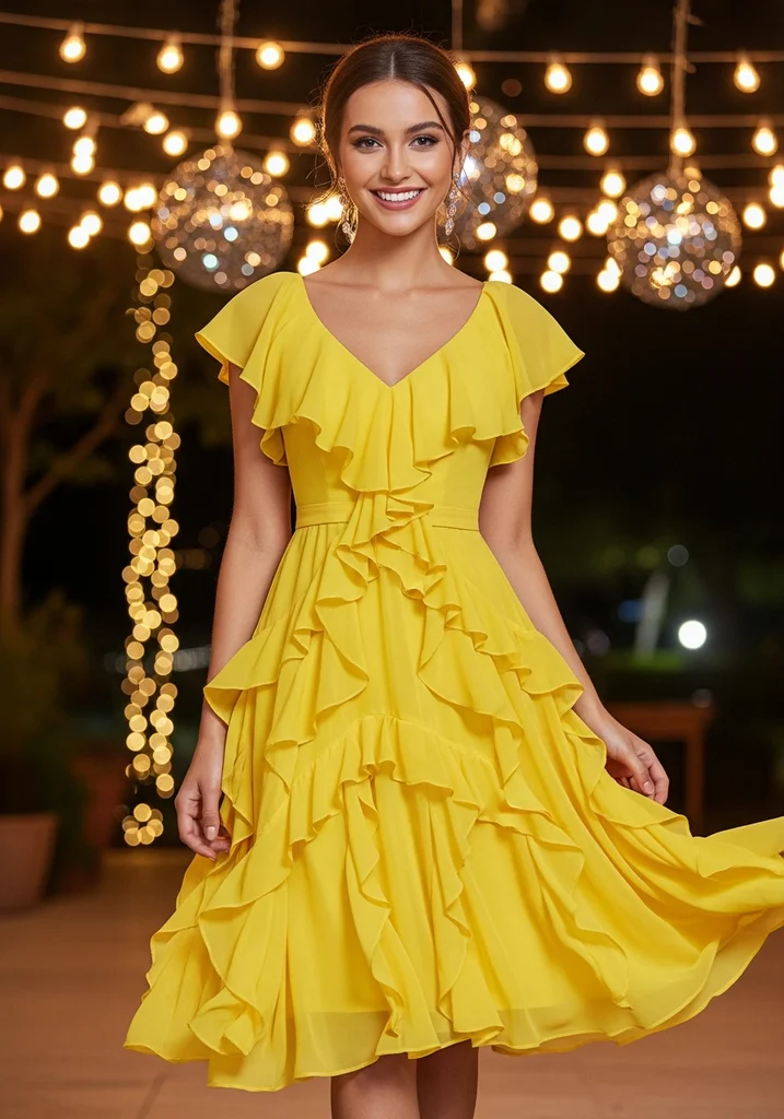 19 Best Chiffon Summer Wedding Guest Dresses 15 Ruffled yellow chiffon cocktail dress