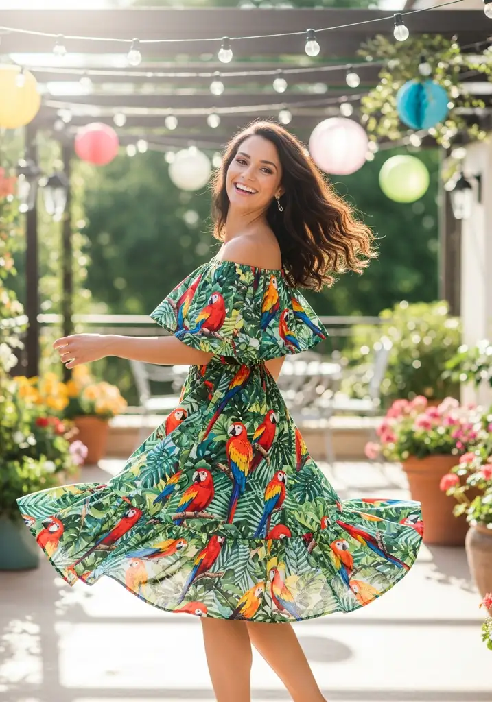 21 Tropical Print Summer Wedding Guest Dresses 11 Dress with Ruffled hem and vibrant parrot prints, fun and festive