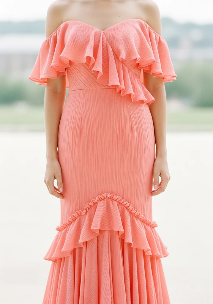 21 Off Shoulder Summer Wedding Guest Dresses 9 Coral off shoulder mermaid midi dress with ruffles