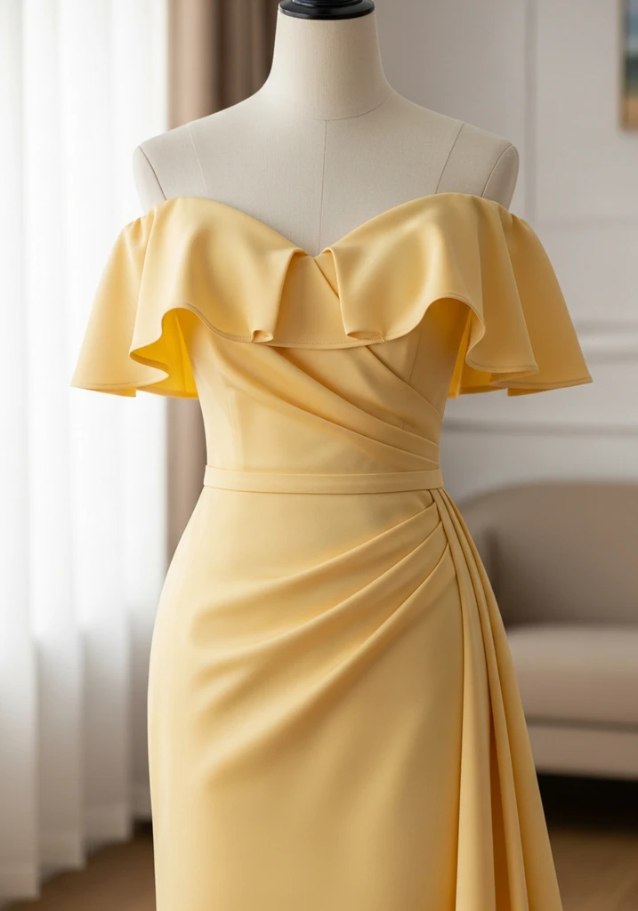 21 Butter Yellow Summer Wedding Guest Dresses 3 ruffled-off-shoulder-sheath-gown