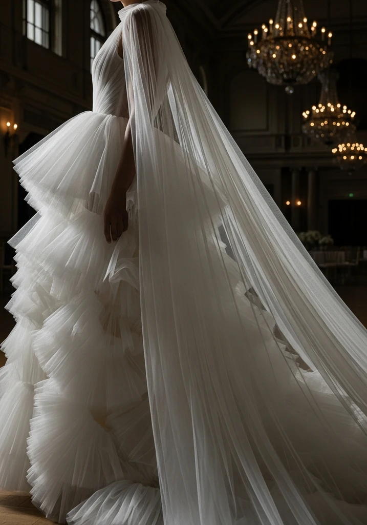 21 Cape Summer Wedding Guest Dresses for Elegant Style 16 Ruffled tulle cape gown